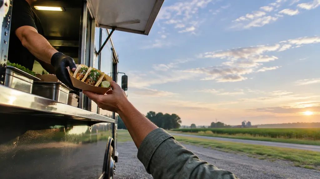 A food truck window with tacos being handed out in Florence, SC