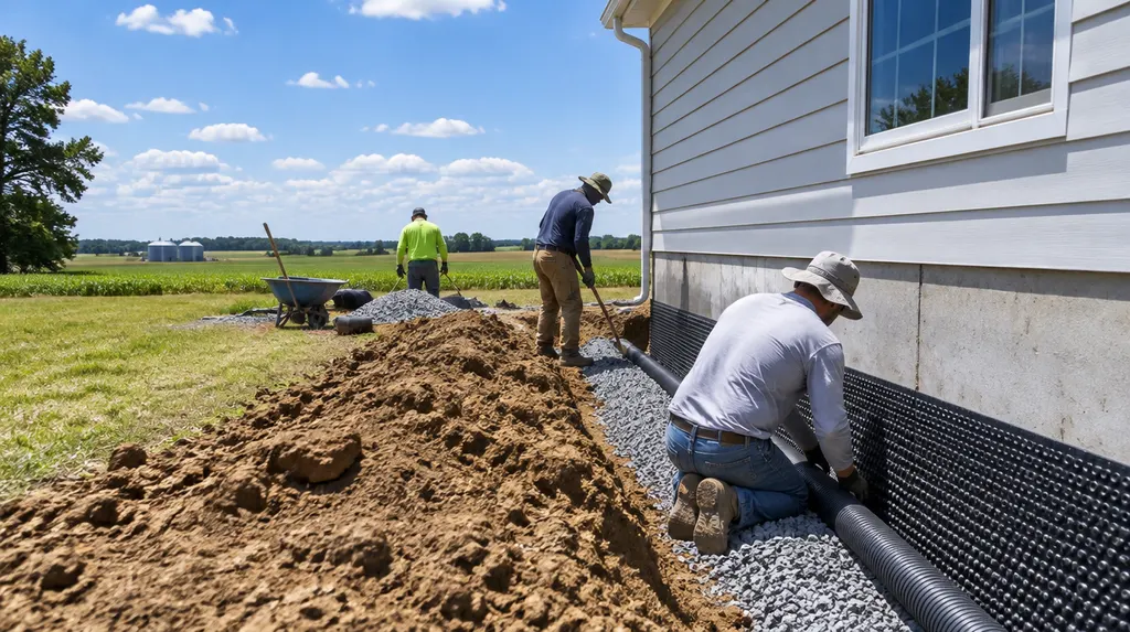 A crew installing drainage along a house foundation in Florence, SC