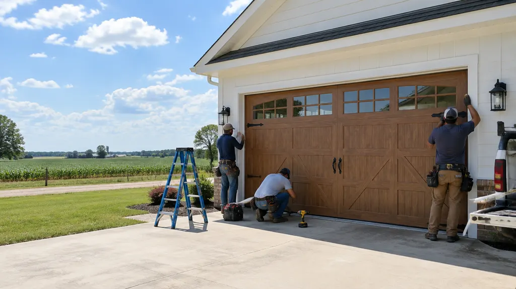A crew installing a new carriage-style garage door in Florence, SC