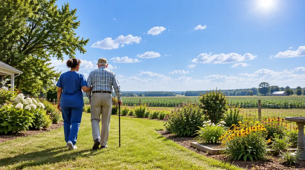 A caregiver helping an older man walk in a sunny garden in Florence, SC