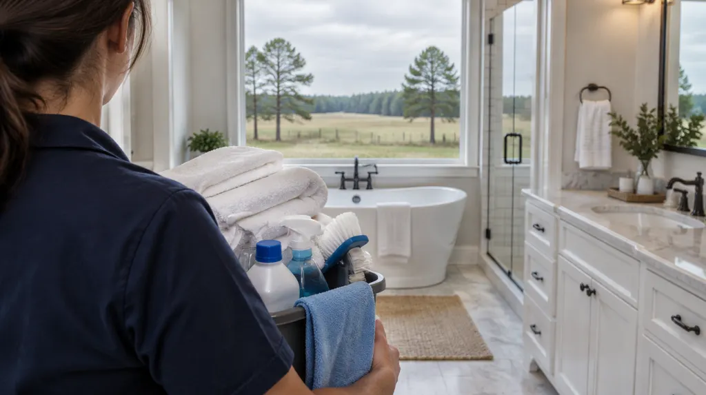 A cleaning caddy and fresh towels in a spotless bathroom in Florence, SC
