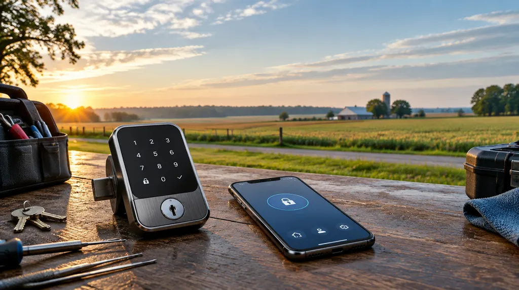 A sleek modern smart lock keypad and a phone app on a locksmith’s table in Florence, SC