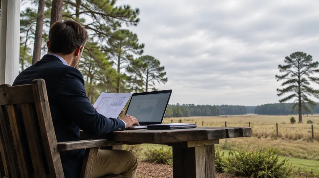 A broker reviewing documents on a laptop in Florence, SC