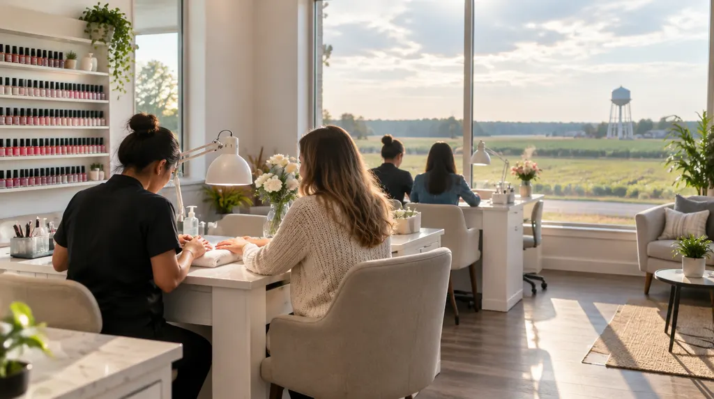 A bright nail salon with manicure tables in Florence, SC