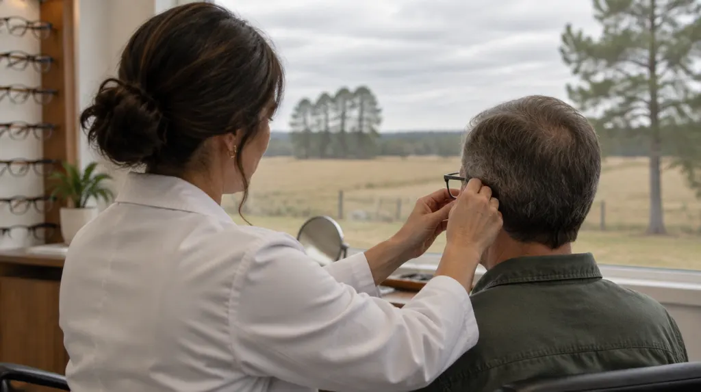 An optician adjusting glasses in Florence, SC