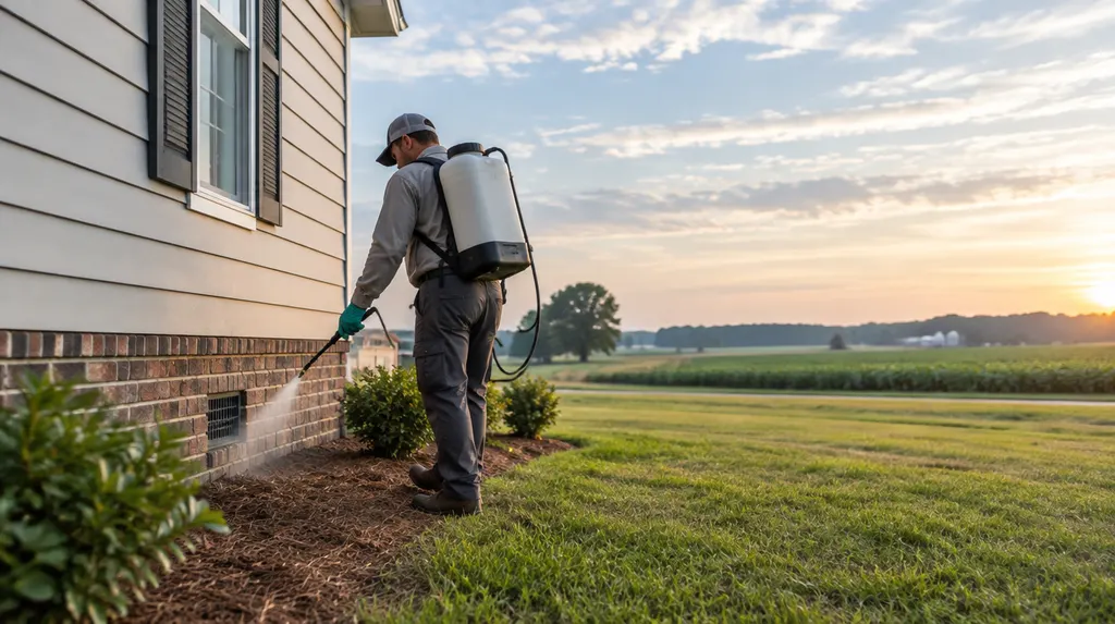 A pest control technician spraying the foundation of a house in Florence, SC