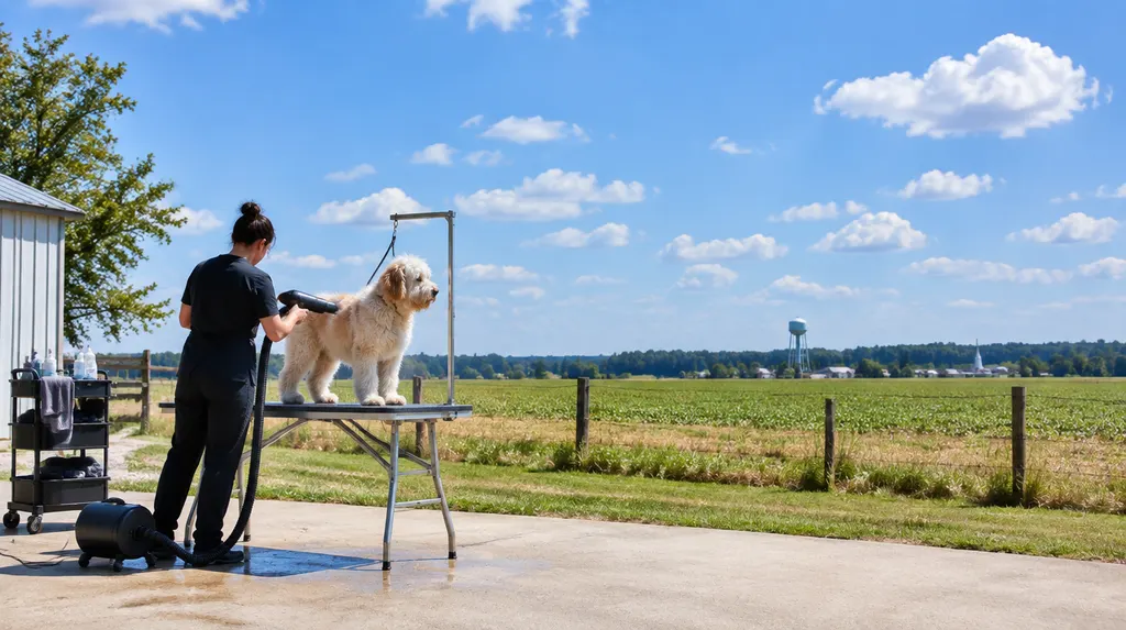 A groomer drying a fluffy dog in Florence, SC