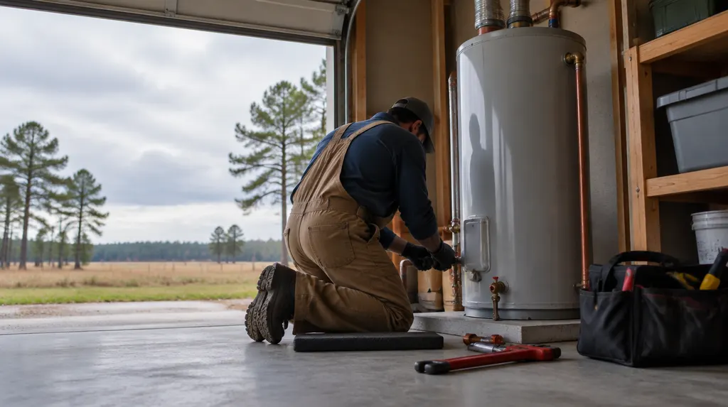 A plumber installing a tank water heater in a garage in Florence, SC