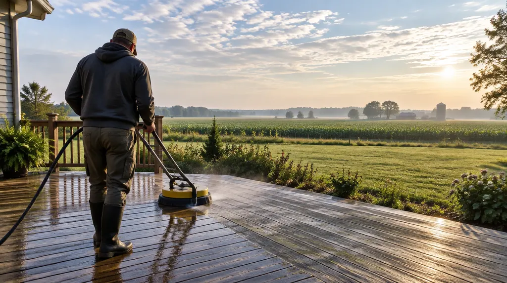 Cleaning a wooden deck with a surface cleaner in Florence, SC