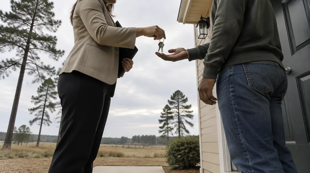 A manager handing keys to a tenant at a front door in Florence, SC