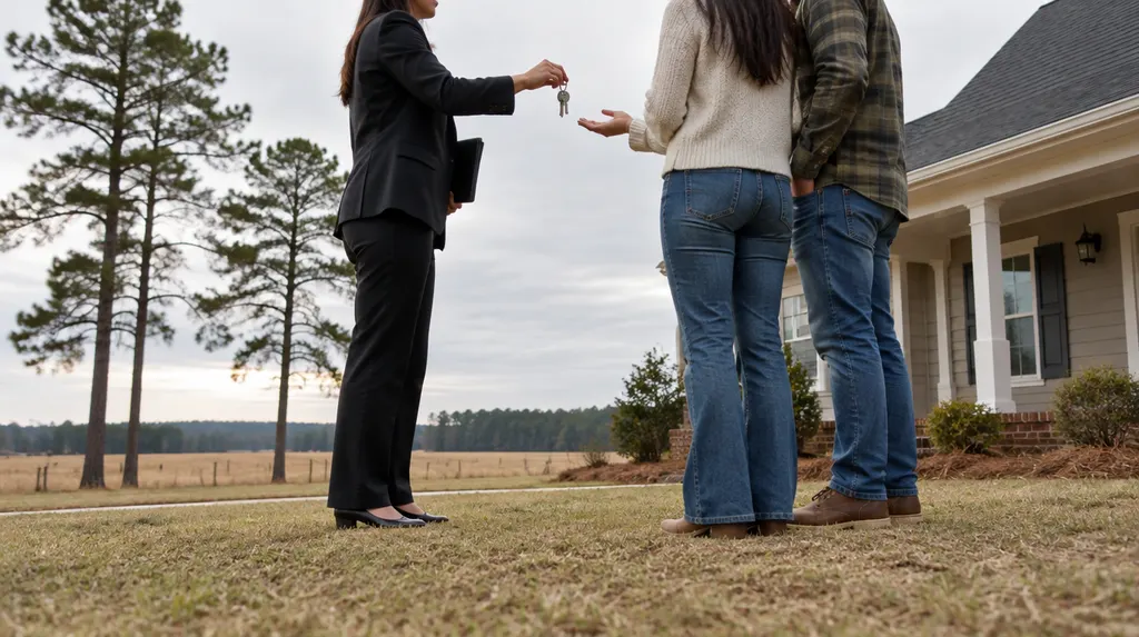 An agent handing keys to new homeowners outside a house in Florence, SC