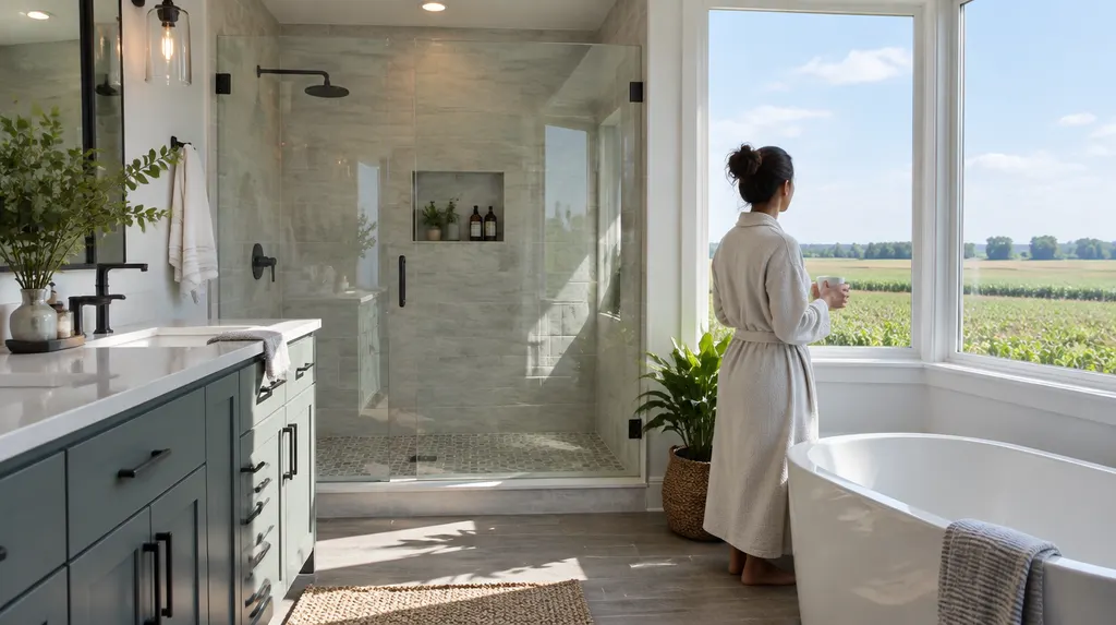 A finished modern bathroom remodel with a walk-in shower in Florence, SC