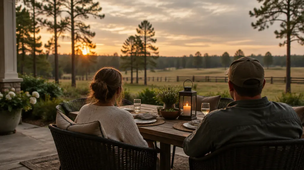 A patio dining area at golden hour in Florence, SC