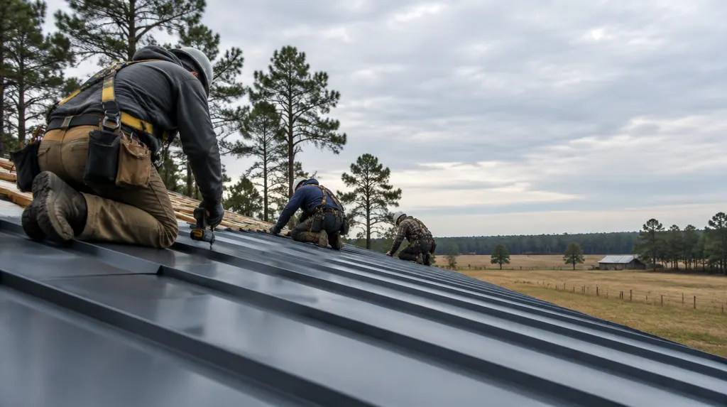 A roofing crew installing a standing-seam metal roof in Florence, SC