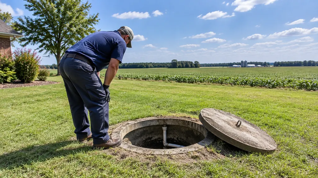 A technician inspecting an open septic tank lid in a yard in Florence, SC