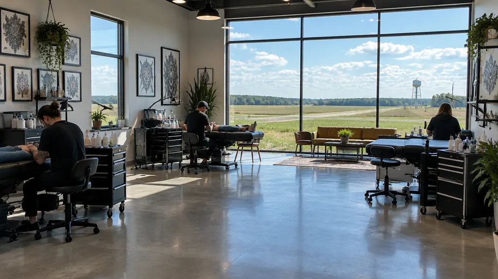 A clean modern tattoo studio with artist stations in Florence, SC