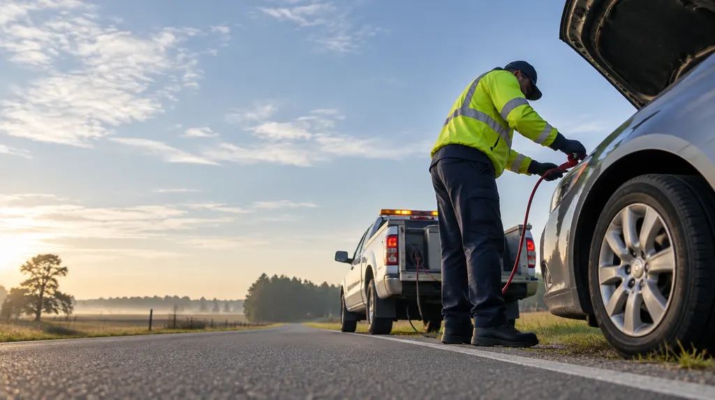 A roadside assistance worker jump-starting a car in Florence, SC