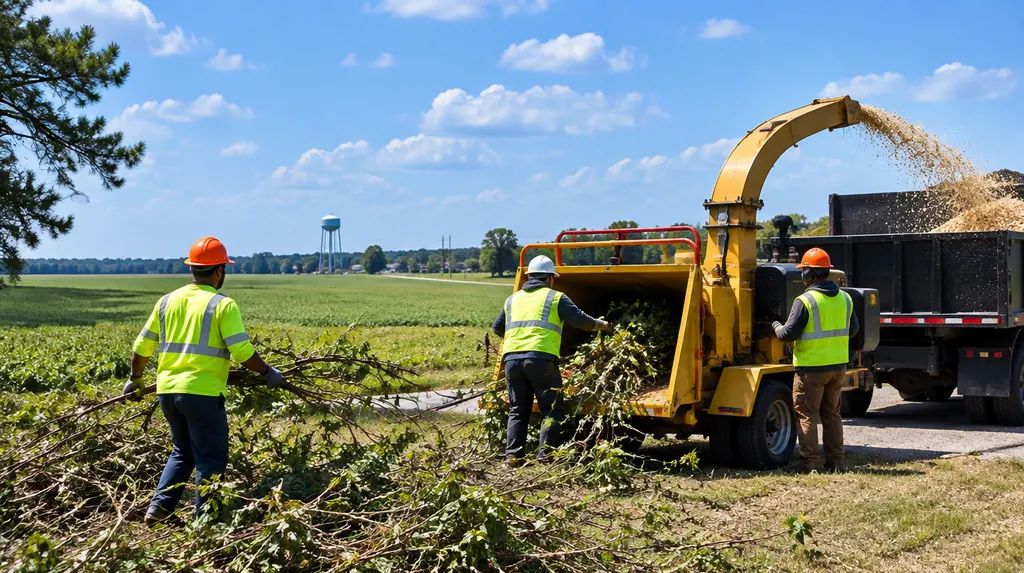 A crew feeding branches into a wood chipper in Florence, SC