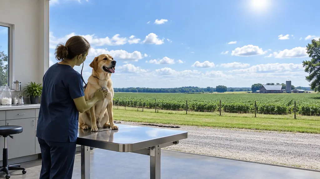 A veterinarian examining a happy dog on an exam table in Florence, SC