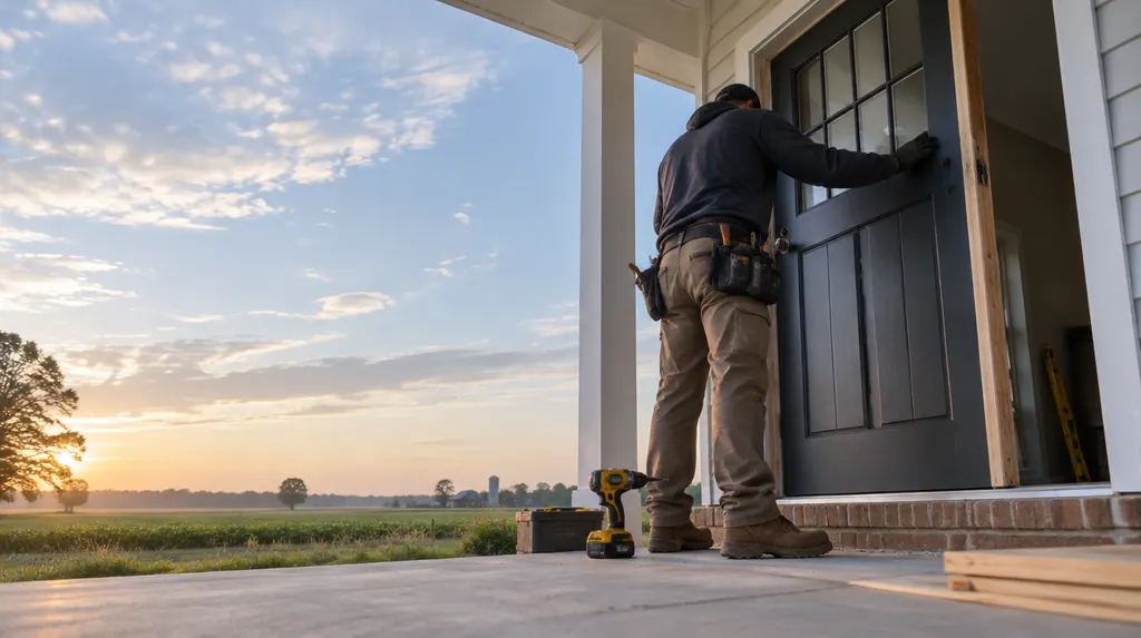 An installer hanging a new front entry door in Florence, SC