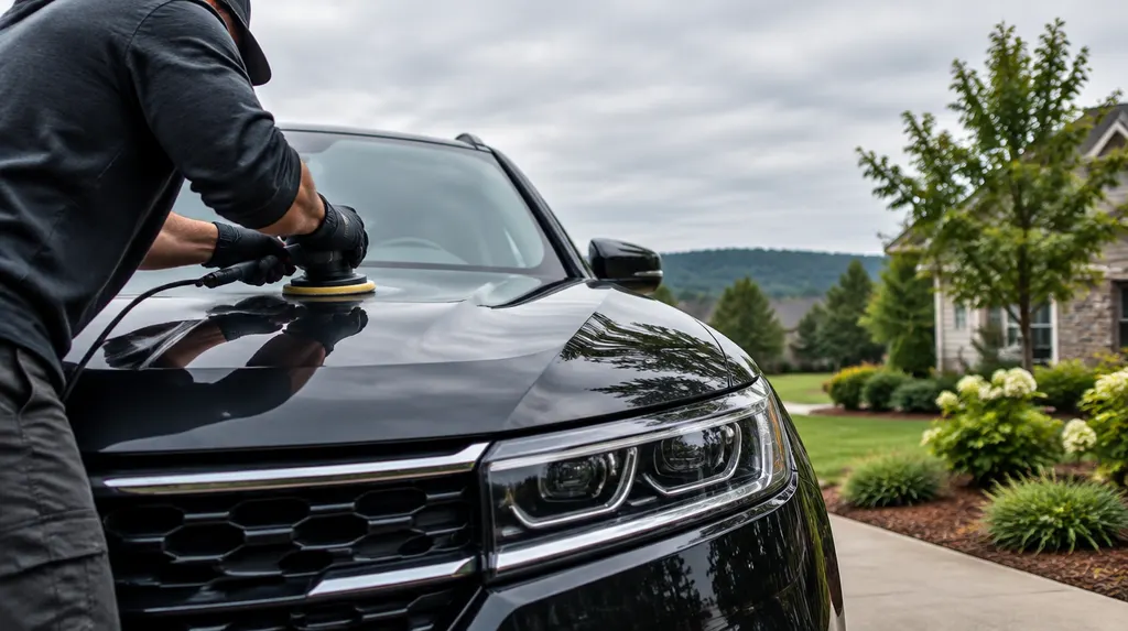 A detailer polishing the glossy hood of a dark SUV in Fort Mill, SC