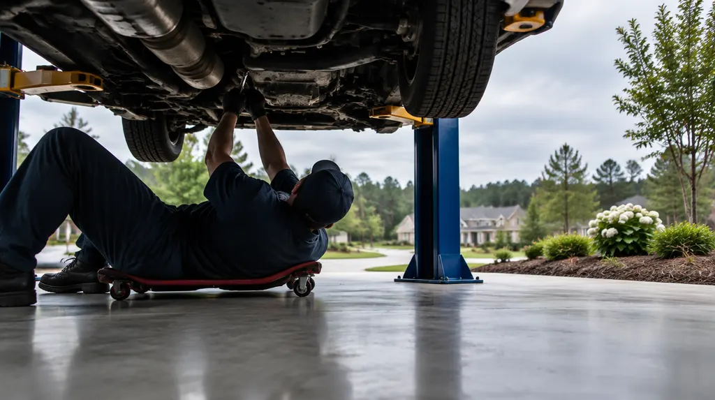 A mechanic working under a car on a lift in Fort Mill, SC