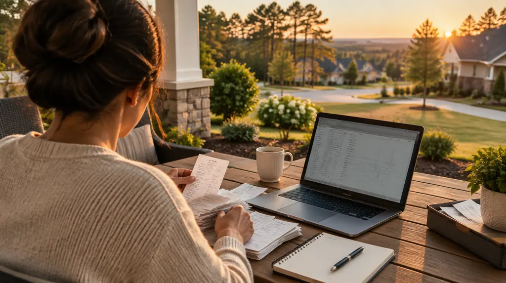 A bookkeeper organizing receipts and a laptop in Fort Mill, SC