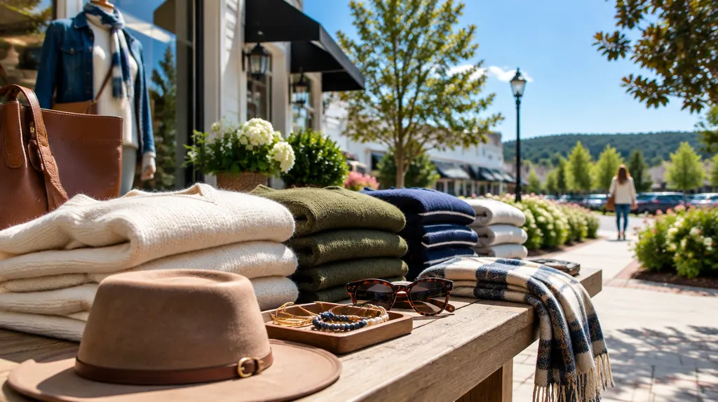Folded sweaters and accessories on a boutique table in Fort Mill, SC