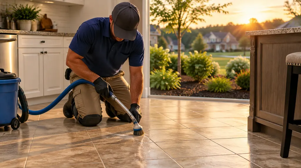 A technician cleaning tile grout on a kitchen floor in Fort Mill, SC