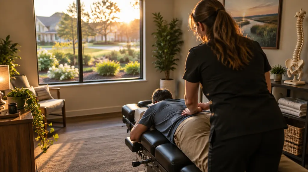 A chiropractic treatment room with an adjusting table in Fort Mill, SC