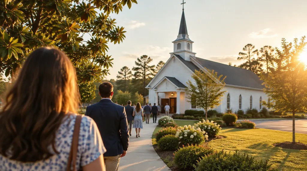 A welcoming white church on a sunny Sunday morning in Fort Mill, SC