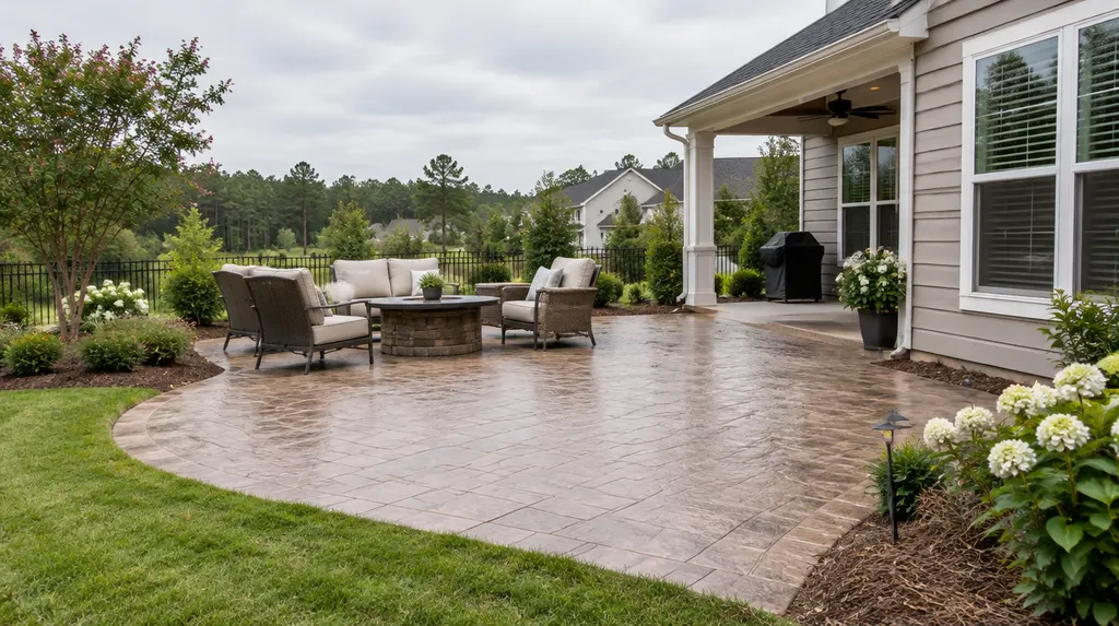 A finished stamped concrete patio beside a house in Fort Mill, SC