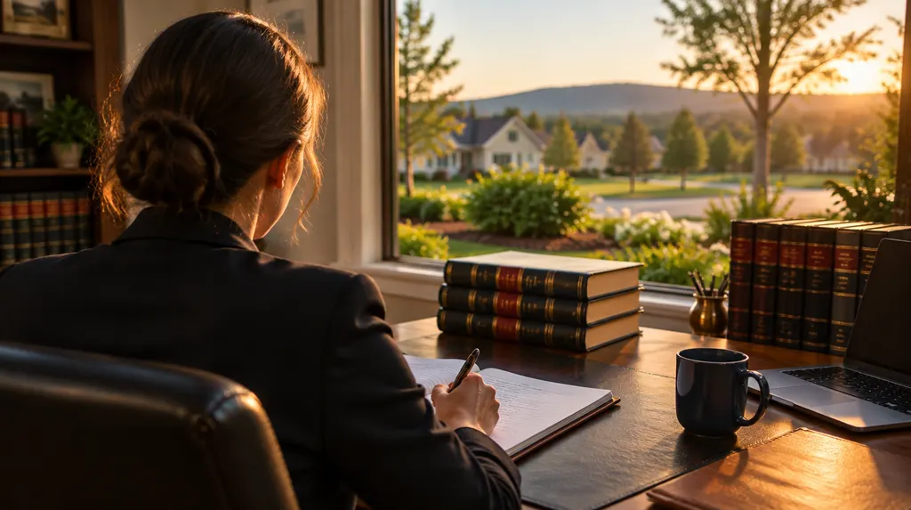 A defense attorney preparing at a desk with law books in Fort Mill, SC