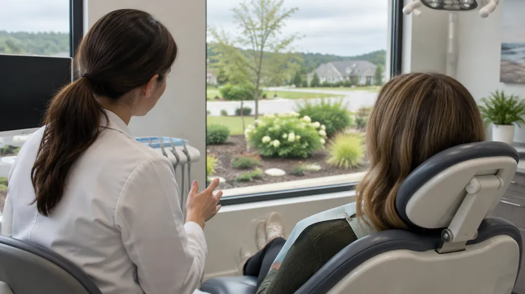 A dentist talking with a patient in a dental chair in Fort Mill, SC