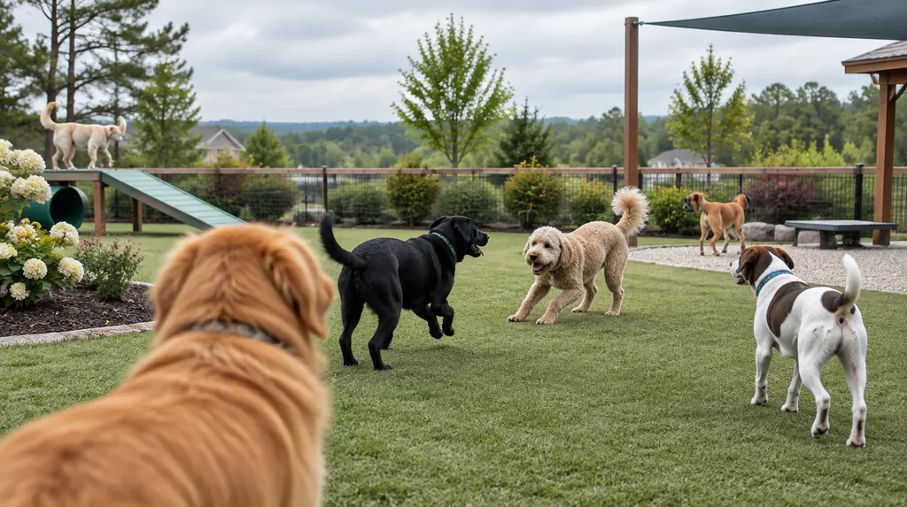 Dogs playing in a doggy daycare play area in Fort Mill, SC