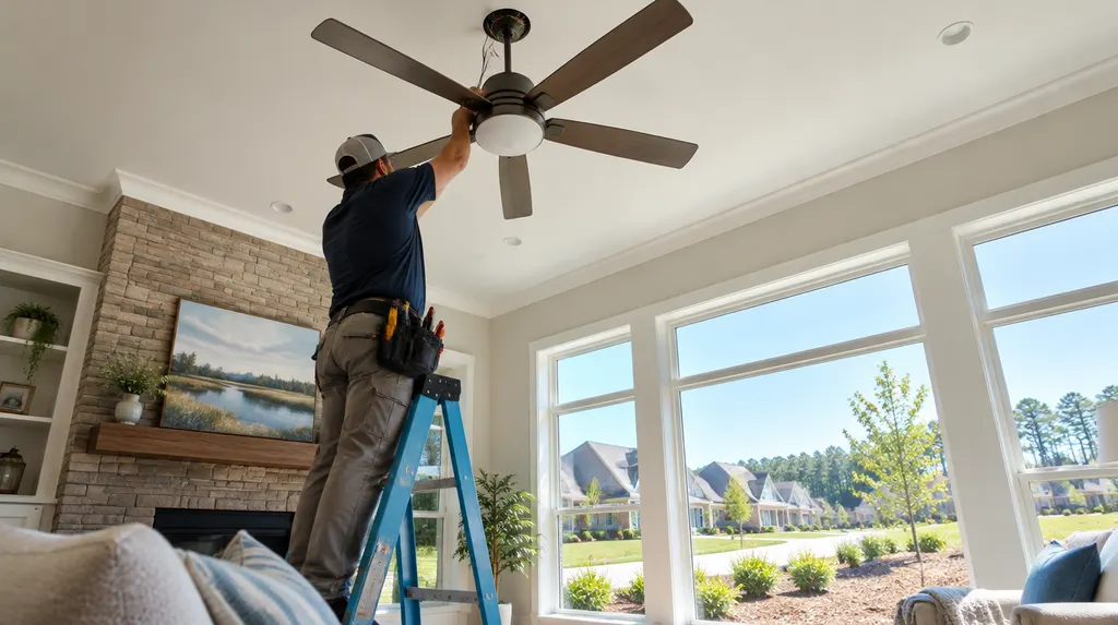 An electrician hanging a modern ceiling fan in a living room in Fort Mill, SC