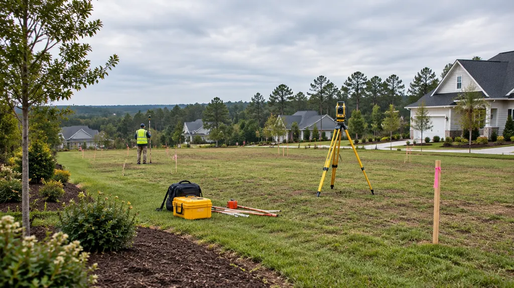 Survey stakes and equipment on a new lot in Fort Mill, SC