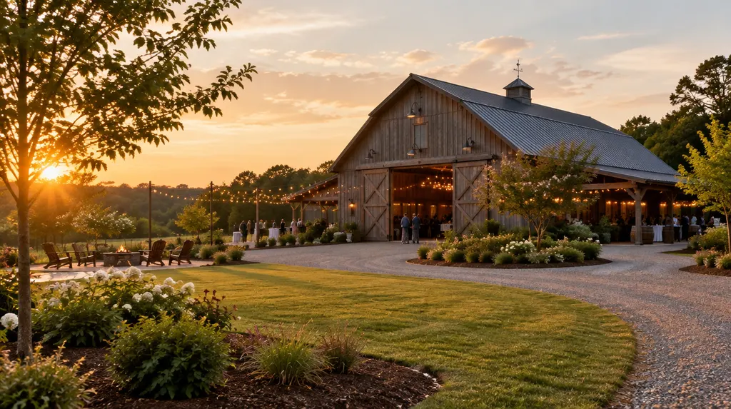 A rustic barn venue with string lights in Fort Mill, SC