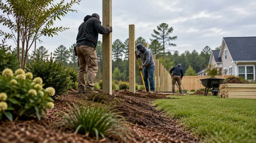 A crew setting posts for a new wood privacy fence in Fort Mill, SC