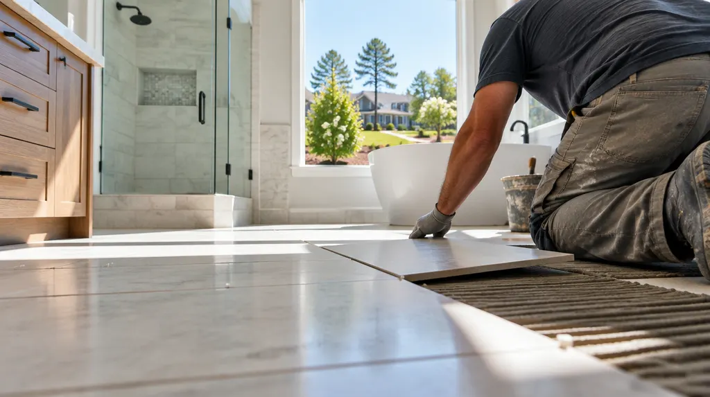A tile setter placing large tiles in a bathroom in Fort Mill, SC