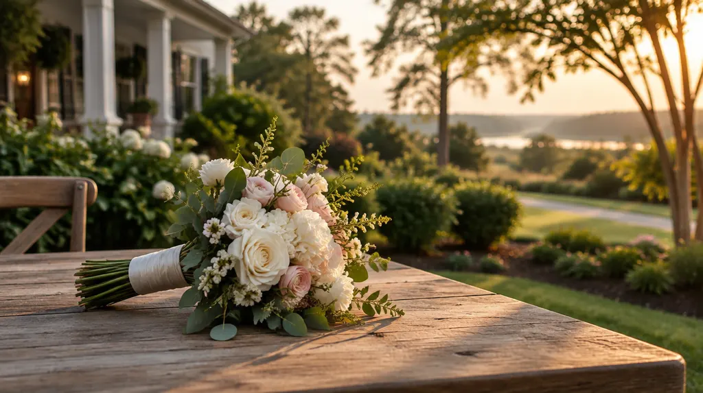 A bridal bouquet on a rustic table in Fort Mill, SC
