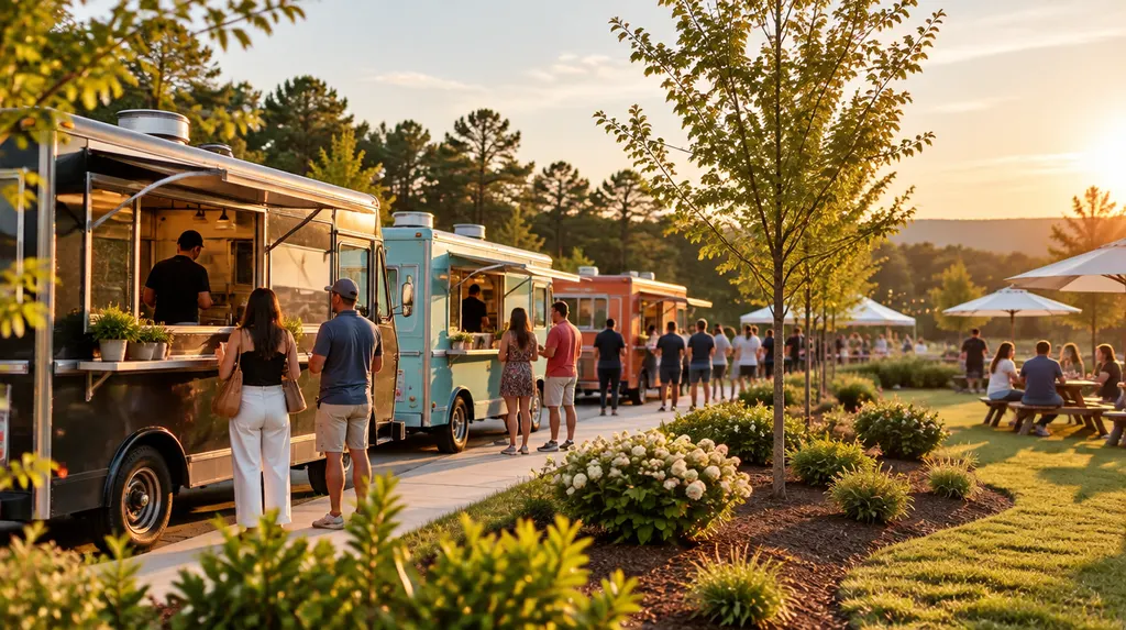 Food trucks parked at a sunny outdoor festival in Fort Mill, SC