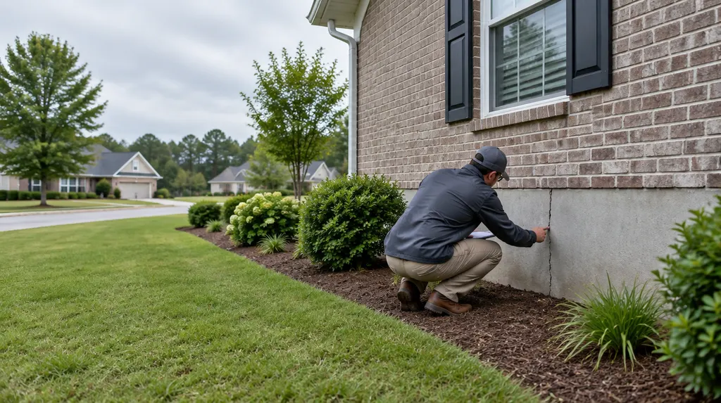 A specialist examining a crack in a foundation wall in Fort Mill, SC