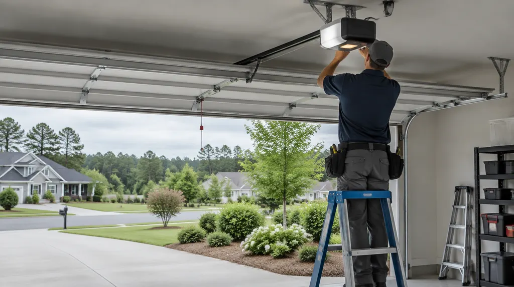 A technician adjusting a garage door opener on the ceiling in Fort Mill, SC