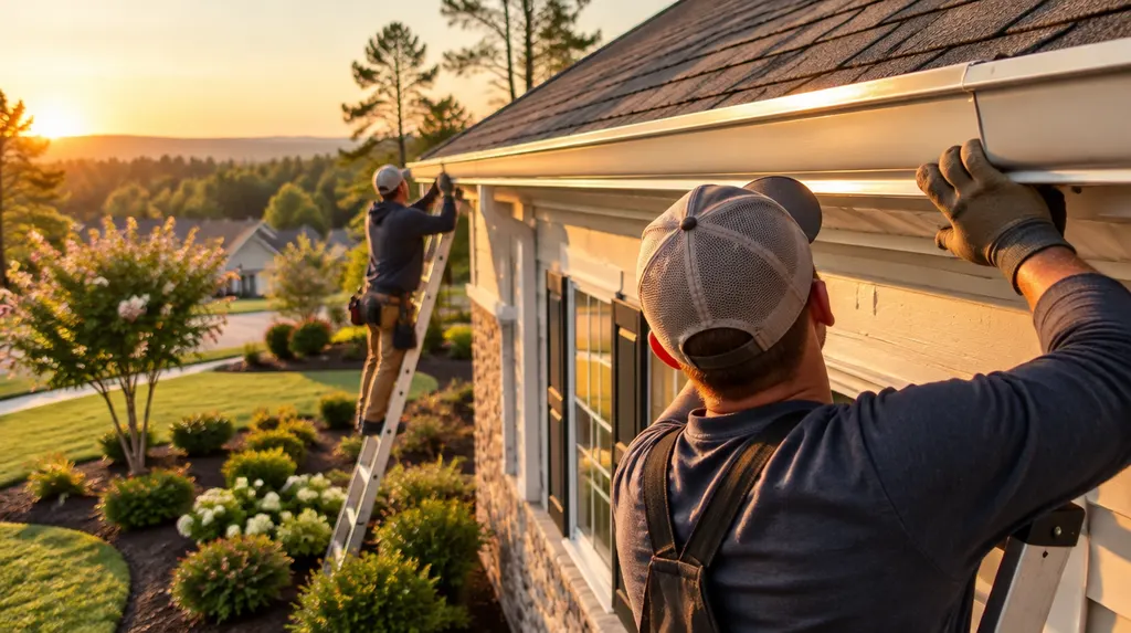 A crew installing seamless gutters on a house in Fort Mill, SC