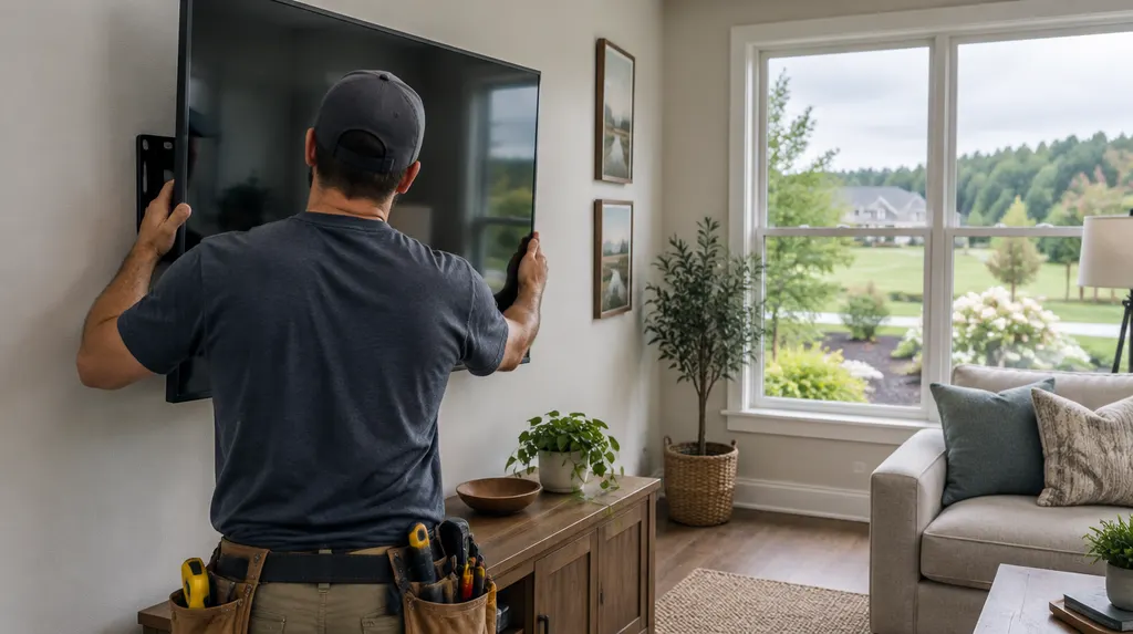 A handyman mounting a TV on a living room wall in Fort Mill, SC
