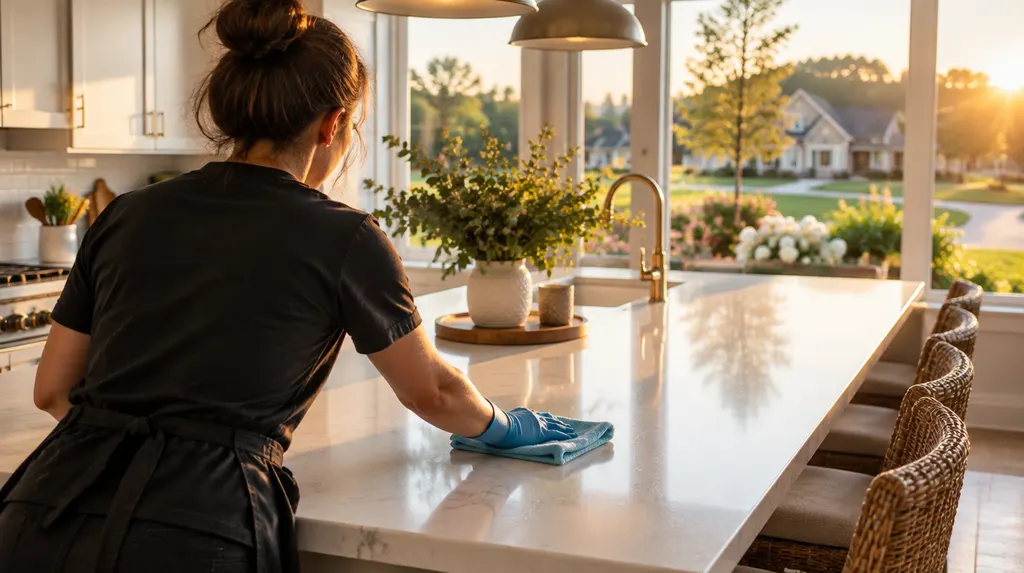 A house cleaner wiping a bright kitchen island in Fort Mill, SC