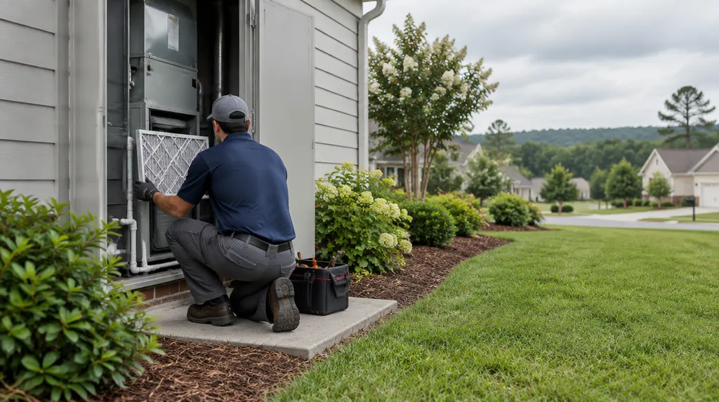 A technician replacing an air filter in an indoor air handler in Fort Mill, SC