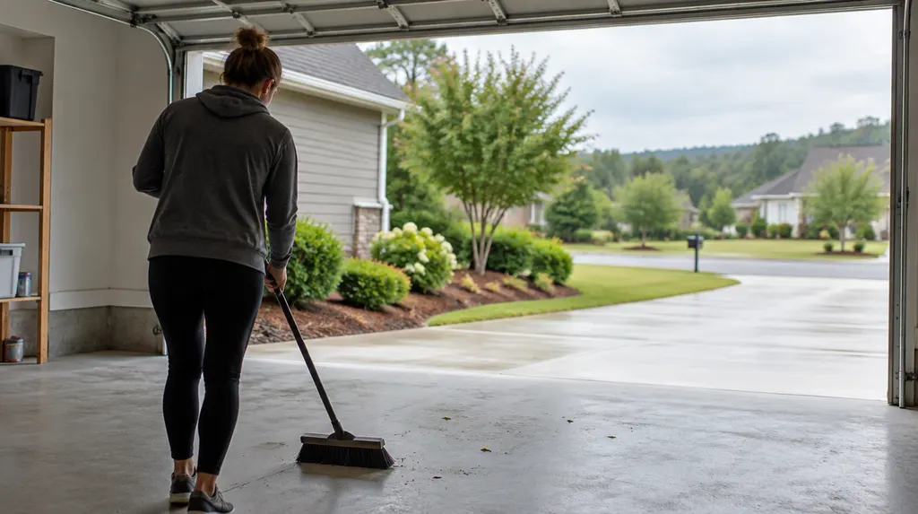 A cleared-out garage being swept in Fort Mill, SC