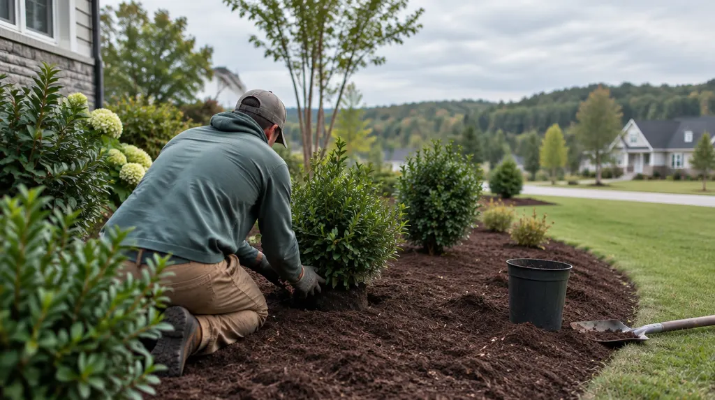 A landscaper planting shrubs in a fresh mulch bed in Fort Mill, SC